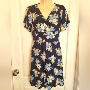 LOFT Floral V-Neck Mini Dress - Navy and Light Blue, Size 0, EUC, NWOT